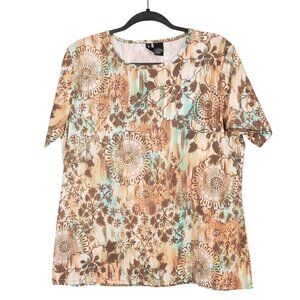 Boho Grunge Floral Tshirt L Gems Brown Green Hawaiian Tropical Paint Washed